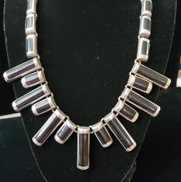 Heavy Vintage Mexico Sterling black onyx inlay Necklace - Picture 2 of 15